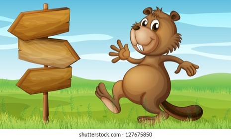 Illustration of a beaver in the hills near the wooden signboard