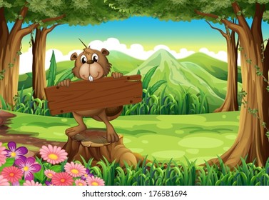 Illustration of a beaver holding an empty signboard at the forest