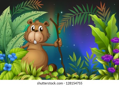 Illustration of a beaver holding a piece of wood in the garden