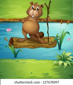 Illustration of a beaver holding a wood in the river