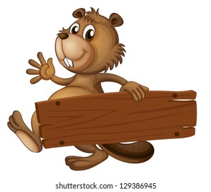 Illustration of a beaver holding a wooden signboard on a white background