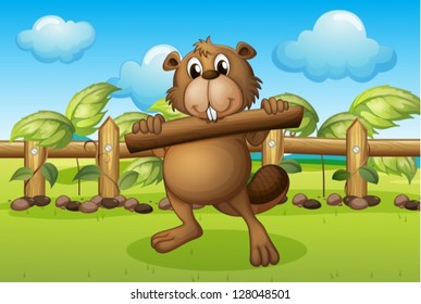 Illustration of a beaver inside a fence holding a wood