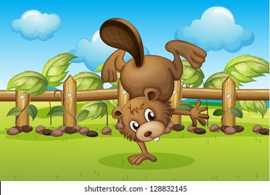 Illustration of a beaver inside the wooden fence