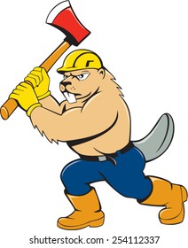 Illustration of a beaver lumberjack wearing hard hat wielding an ax on isolated white background done in cartoon style.