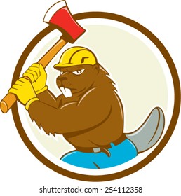 Illustration of a beaver lumberjack wearing hard hat wielding an ax set inside circle on isolated background done in cartoon style.
