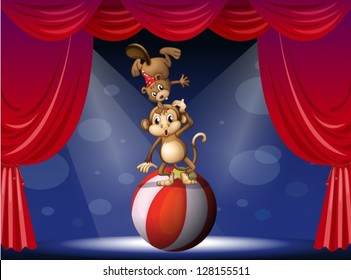 Illustration of a  beaver and a monkey perfoming on the stage