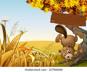 Illustration of a beaver playing under the tree with an empty signboard