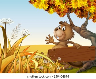 Illustration of a beaver playing under the tree while holding an empty wooden board