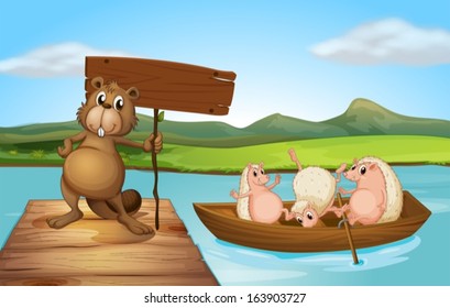 Ilustración de un castor en el puerto con una cartelera vacía