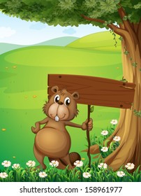 Illustration of a beaver standing under the tree with an empty board