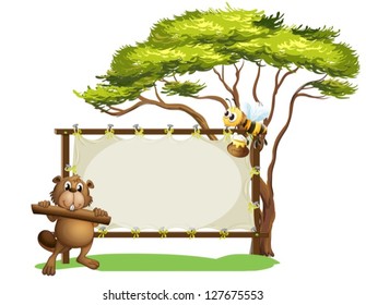 Illustration of a beaver with a stick and a bee with a pot of honey on a white background