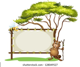 Illustration of a beaver with a stick near a blank signage on a white background