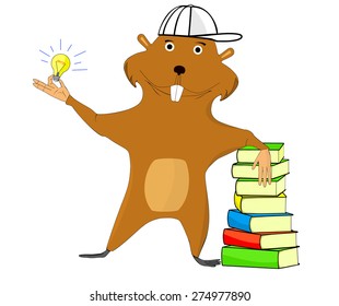 Illustration beaver which one hand is based on the book and the other holding a light bulb symbolizing an idea.