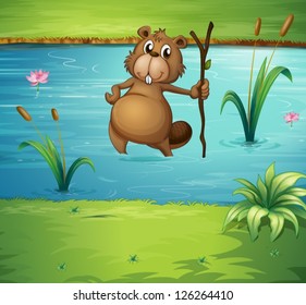 Illustration of a beaver with a wood in the river