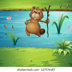 Illustration of a beaver with a wood in the river