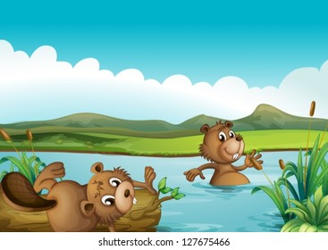 Illustration of beavers playing in the river