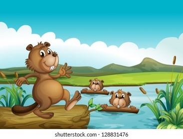 Illustration of beavers playing in the river with woods