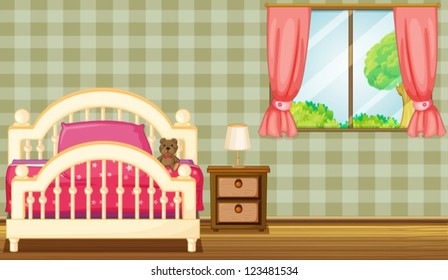 Illustration of a bed and a lamp in a room