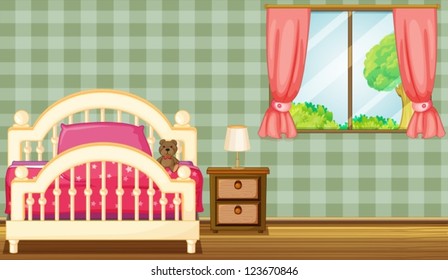 Ilustração de uma cama e uma lâmpada em um quarto