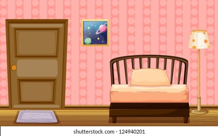 Illustration of a bed and a lamp in a room