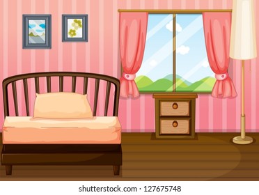 Ilustración de una cama, una lámpara y una mesa lateral en una habitación