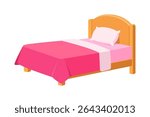 Illustration of a bed with pink bedding and a pillow against white background.
