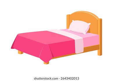 Illustration of a bed with pink bedding and a pillow against white background.