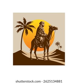 Ilustração de um beduíno cavalgando um camelo no deserto ao pôr do sol