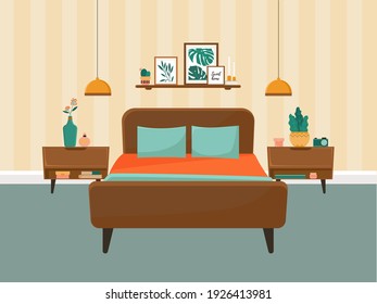 Illustration eines Schlafzimmers. Bett- und Nachttische, Dekoration aus Hauspflanzen, Plakate und Kerzen. Flaches Design, Illustration.