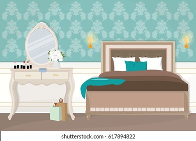 Illustration of bedroom interior design in vintage style with the dressing table. Flat style vector illustration.