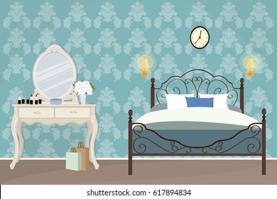 Illustration of bedroom interior design in vintage style with the dressing table. Flat style vector illustration.