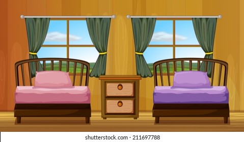 Illustration of a bedroom with two beds