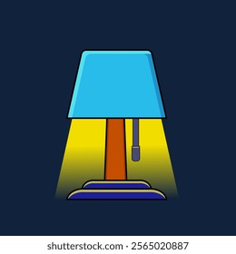  illustration of a bedside lamp with a blue shade and wooden base, casting warm yellow light on a dark blue background. Simple and modern, ideal for interior design concepts.