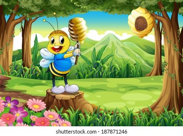 Illustration of a bee above the stump at the forest