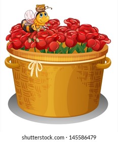 Illustration of a bee at the basket full of red roses on a white background