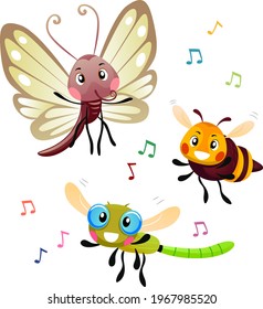 Illustration of a Bee, Butterfly and Dragonfly Mascot Flying Around and Dancing to Music
