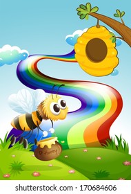 Illustration of a bee carrying a pot of honey going to the beehive near the rainbow