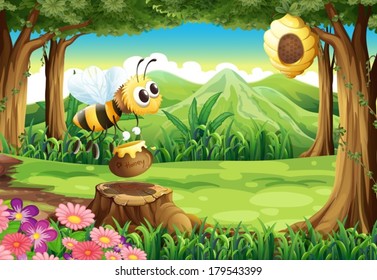 Illustration of a bee carrying a pot of honey at the forest