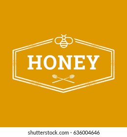Illustration of bee and crossed honey spoons. Vector logo template for the production of natural honey. Concept for organic farm products. EPS10.
