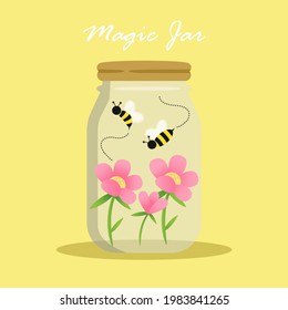Illustration of bee and flowers in jar vector
