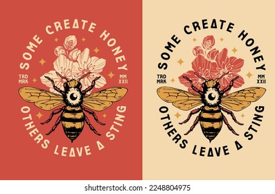 illustration of bee and flowers vector graphic. vintage and retro design concept for clothing, tshirt, streetwear, artwear, apparel, poster, emblem, etc