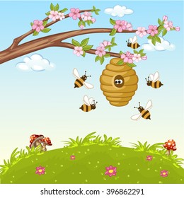 Illustration of bee flying around a beehive