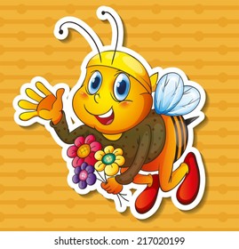 Illustration of a bee flying with flowers