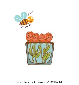 Illustration of a bee flying over a vase with flowers. Illustration in vector format