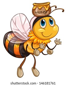 Illustration of a bee flying with a pot of honey on a white background 