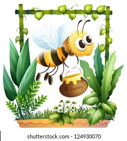 Illustration of a bee in the garden with a honey on a white background