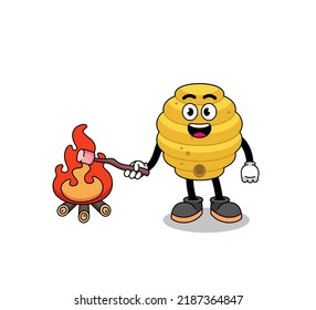 Illustration of bee hive burning a marshmallow , character design