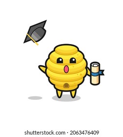 Illustration of bee hive cartoon throwing the hat at graduation , cute design