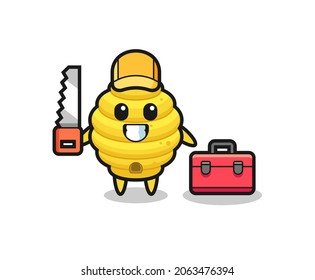 Illustration of bee hive character as a woodworker , cute design