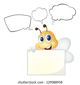 Illustration of a bee holding a white board on a white background